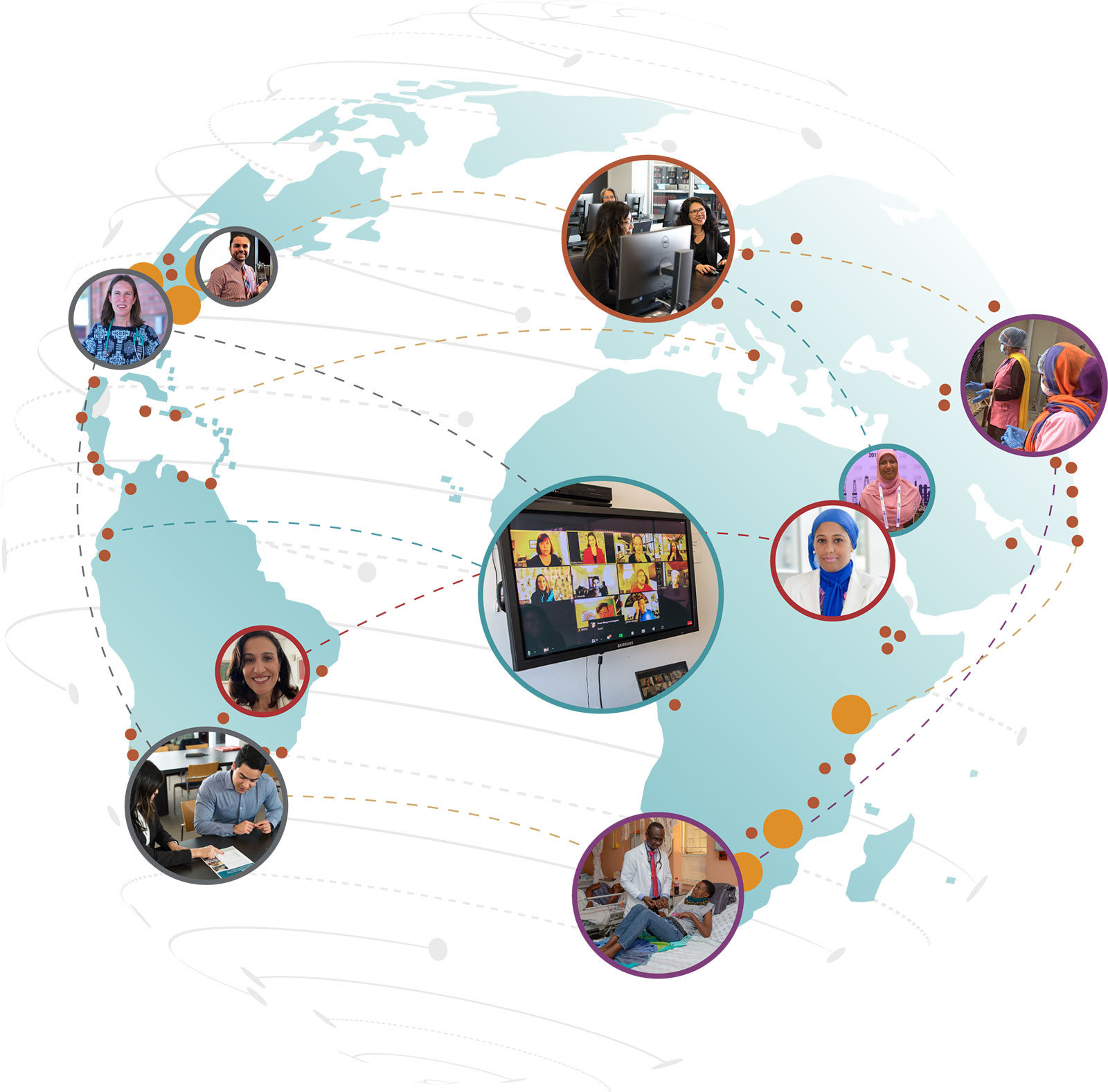 Illustration of world globe with various headshots of people displayed on top.