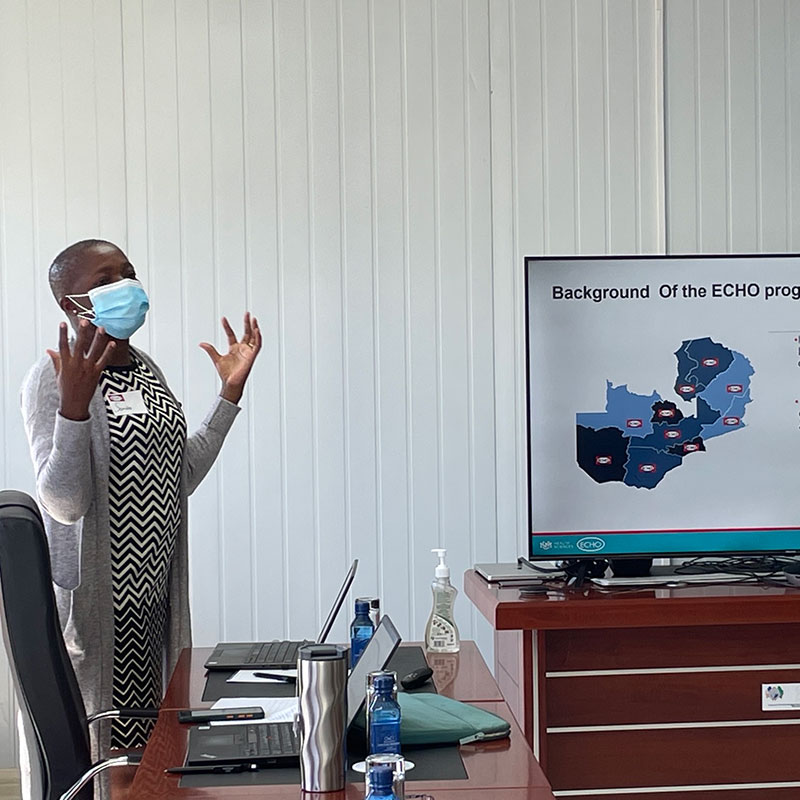 Woman giving presentation.
