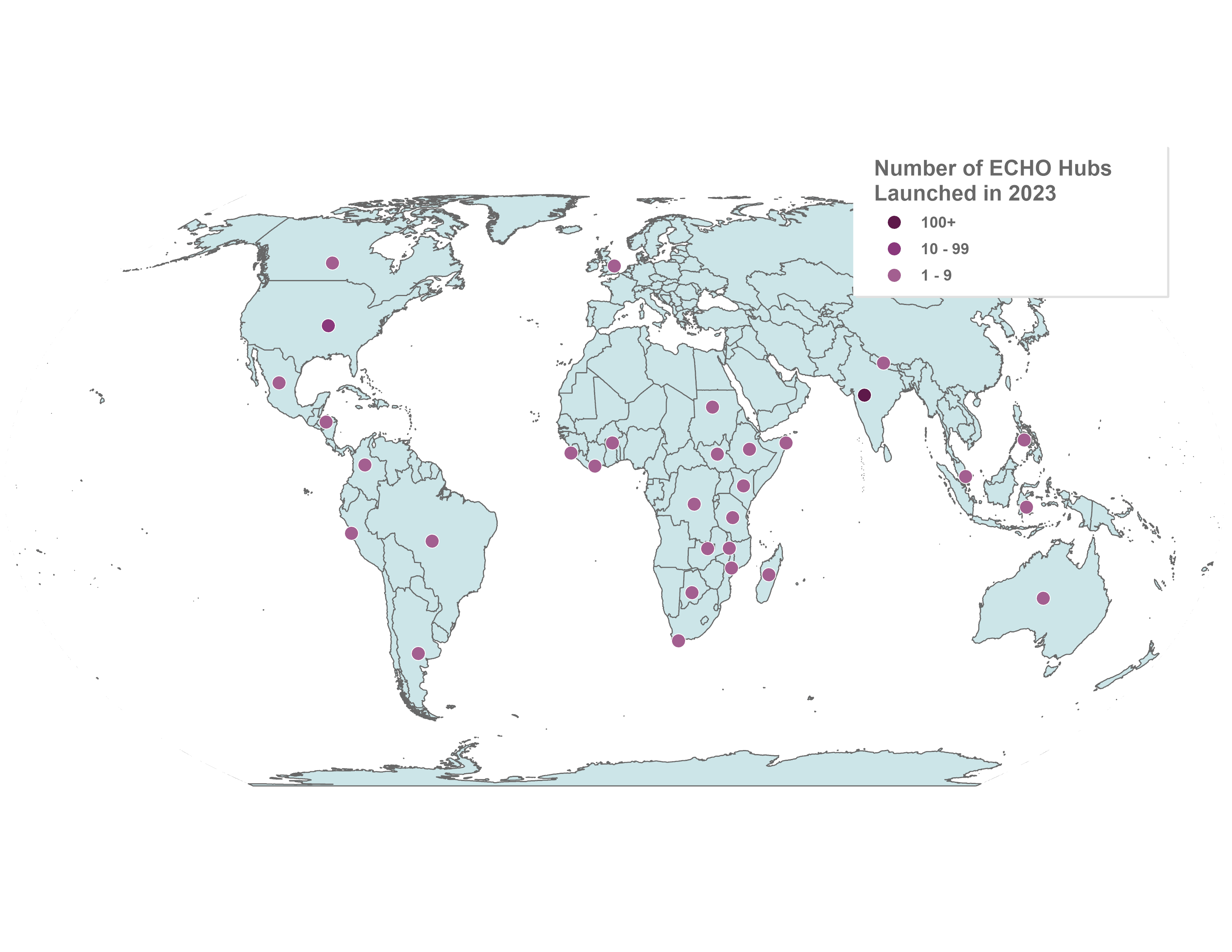 global map showing ECHO attendances and global hub and superhub locations