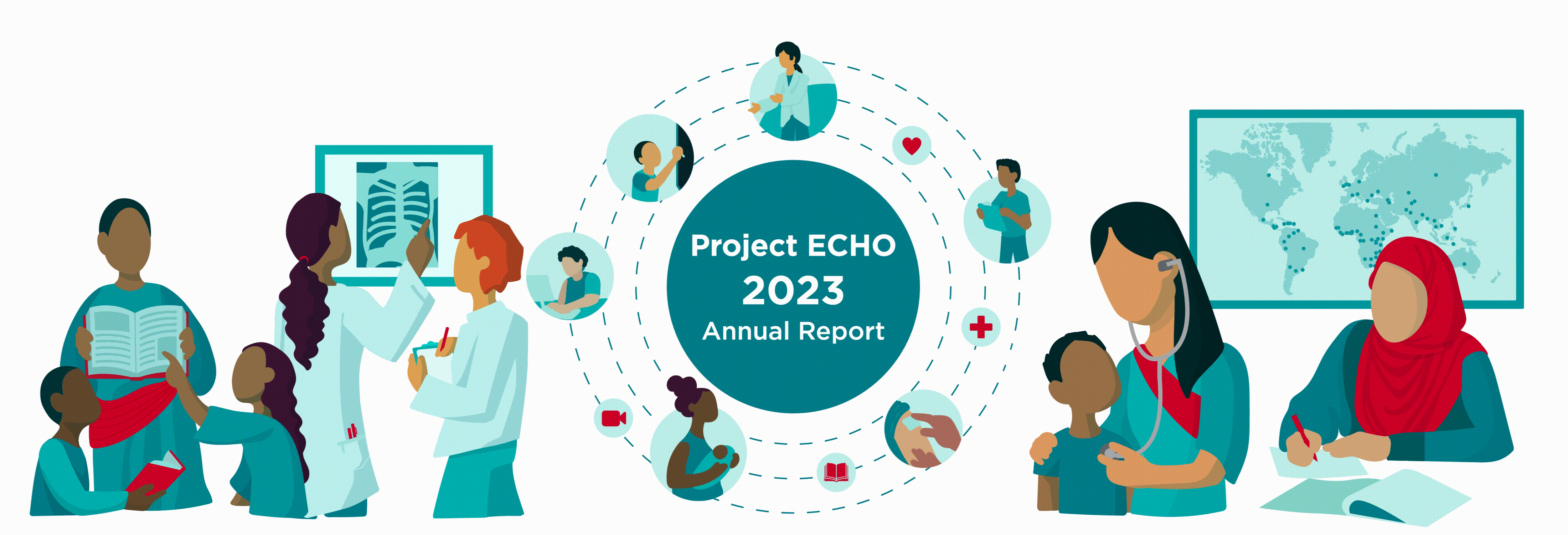 Illustration of world globe with various headshots of people displayed on top.