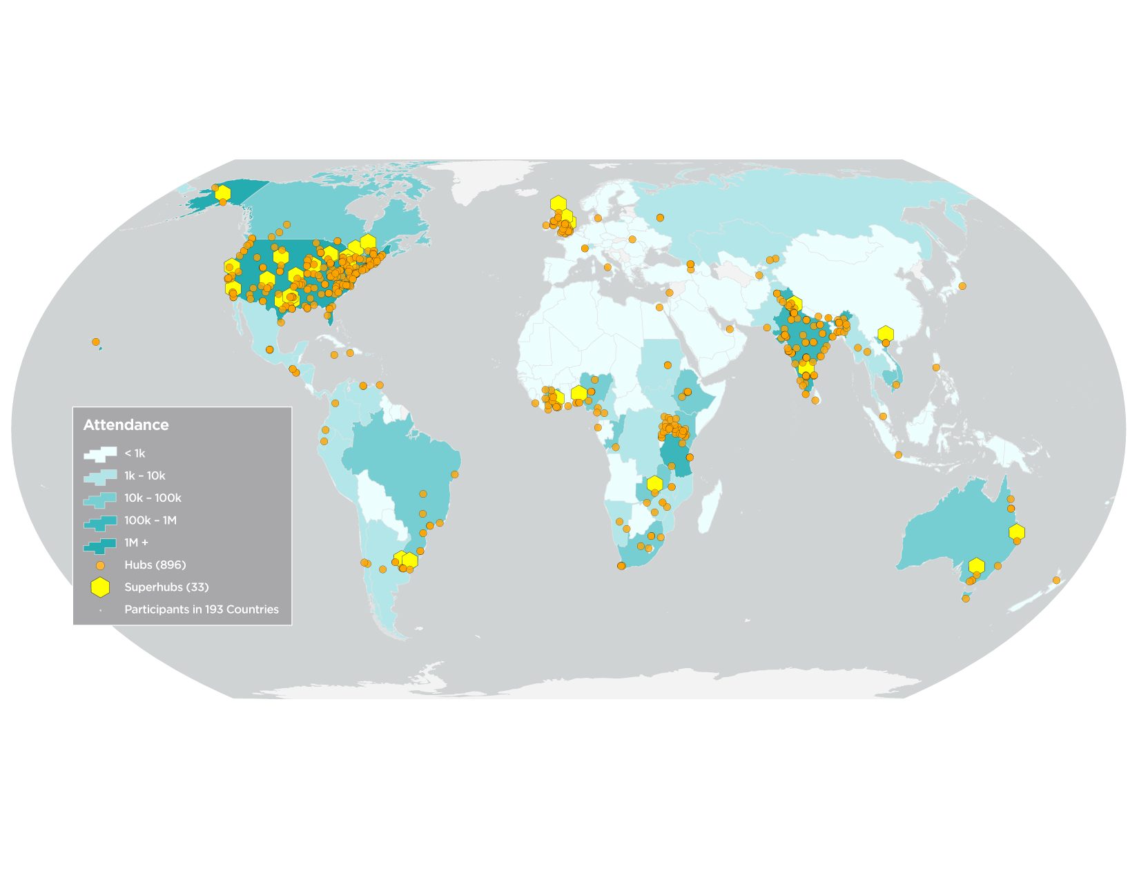 global map showing ECHO attendances and global hub and superhub locations